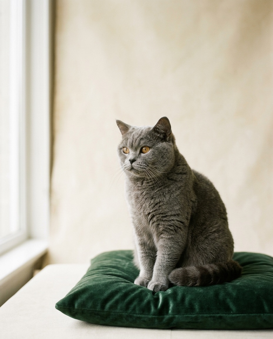 A grey British shorthair cat sitting on a green velvet cushion